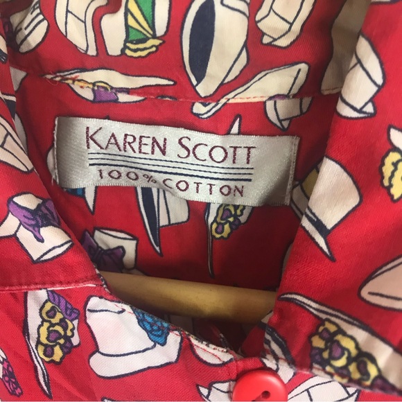 VINTAGE | 90s Karen Scott Red Hat Print Button Up - Picture 3 of 5